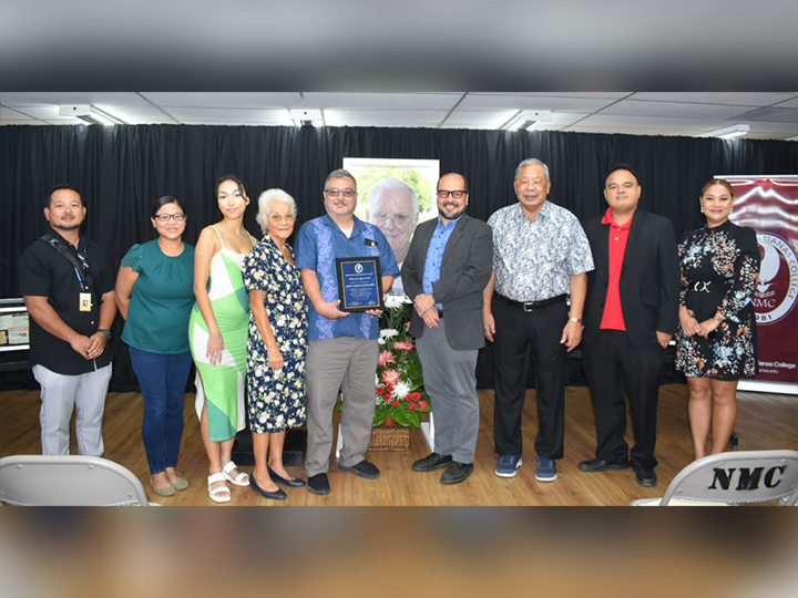 Northern Marianas College honored the late Samuel F. McPhetres with a collection showcasing his work at the NMC Archives Building O yesterday morning. From left to right, acting House speaker Joel C. Camacho (Ind-Saipan), Janice McPhetres, Jaiden Santos, Agnes McPhetres, Samuel McPhetres Jr., NMC president Galvin Deleon Guerrero, Ed.D., acting governor David M. Apatang, Ray Muña, and Sen. Speaker Corina Magofna (Ind-Saipan). (LEIGH GASES)